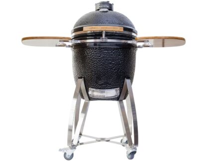 coyote asado ceramic smoker on cart with side shelves